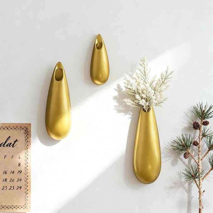 Sculptural Wall Ceramic Vase — 3 Pack Gold Hanging Sconce Vase | Turn Flowers into Art — Decorative Ceramic Wall Sconce for Single Stem Displays