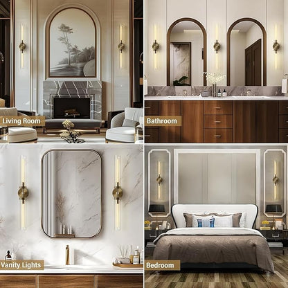 Brass Wall Sconces Set of Two 19.48'' Knurled Texture Wall Light Fixtures, Bathroom Vanity Light Fixtures with Clear Glass, Modern Wall Lamp for Bathroom Living Room Hallway (Bulb Included)