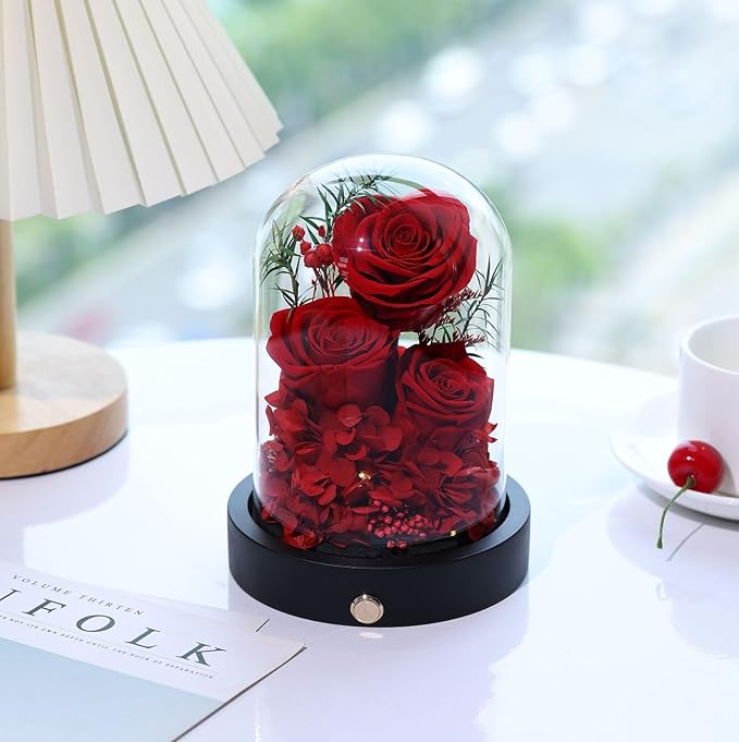 Forever Christmas Flowers for Delivery, Preserved Rose in Glass Dome with LED.Red Eternal Flowers Gifts for Women Wife Mom on Mothers Day, Valentines Day, Anniverysary, Birthday