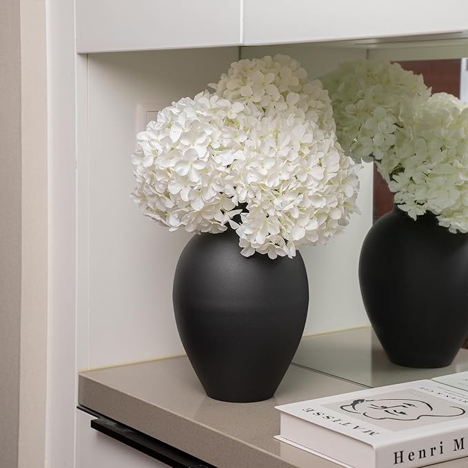 Matte Black Metal Vase, 9.5 Inch Tall Oval Shaped Decorative Flower Vase for Tabletop, Minimalist Modern Home Décor, Centerpieces for Living Room, Dining Room, Wedding or Office