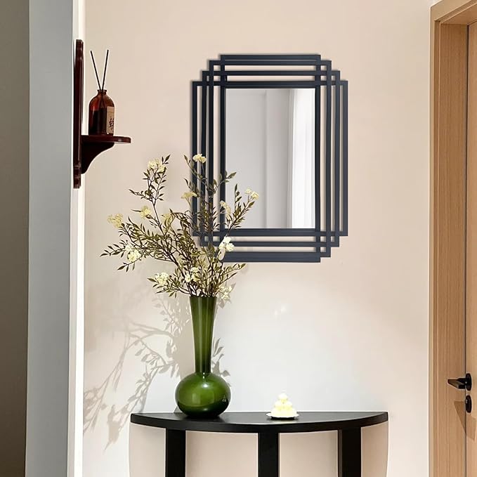 Rectangle Vanity Mirror, 24"x18" Geometric Art Deco Mirror with Metal Frame, Modern Elegant Wall Mirrors for Living Room Bathroom Bedroom Entryway, Hangs Vertically or Horizontally