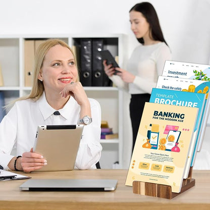 4 Tier Acacia Wood Brochure Display Stand 6 x 9 inch Brochure Holder Pamphlet Display Stand for 5.5 x 8.5 inch 5 x 7 inch Booklets Menus Postcard Holder Multi Purpose Organizer