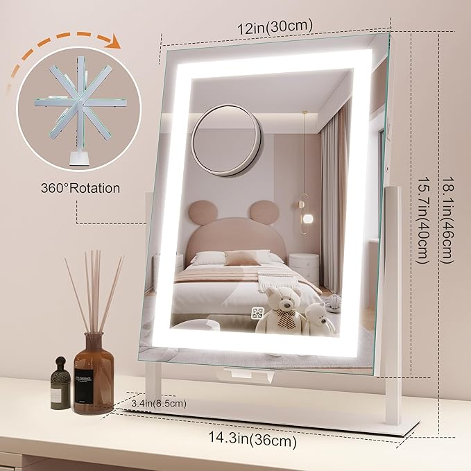 STARLEAD 16" x 12" Makeup Mirror with Lights and 10X Magnification, 3-Color Dimmable LED Lighting & Touch Control for Travel/Dressing Room