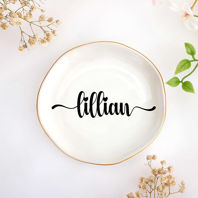 JoycuFF Lillian Personalized Name Ceramic Tray, Mothers Day Christmas Anniversary Engagement Birthday Gifts for Women Couples, Trinket Dish for Rings Earrings Necklaces Bracelets Keys