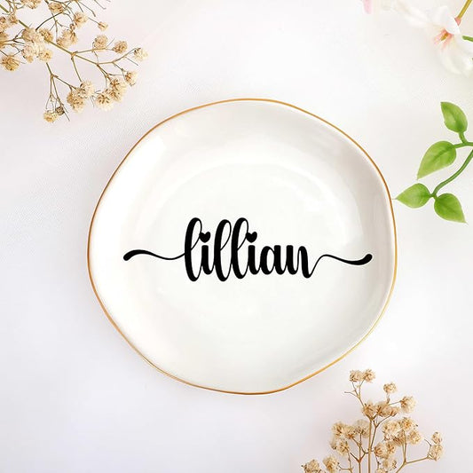 JoycuFF Lillian Personalized Name Ceramic Tray, Mothers Day Christmas Anniversary Engagement Birthday Gifts for Women Couples, Trinket Dish for Rings Earrings Necklaces Bracelets Keys