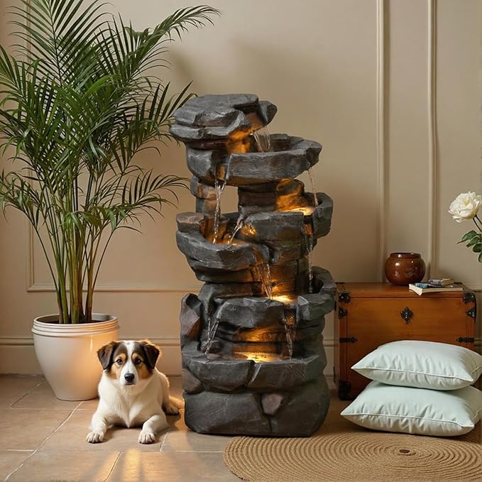 50.6" H Outdoor Water Fountain with 3 Tiers Large Cascading Realistic Tree Trunk Waterfall Fountains with LED Lights Outdoor Water Fountain for Garden Patio Backyard Porch Home Decor