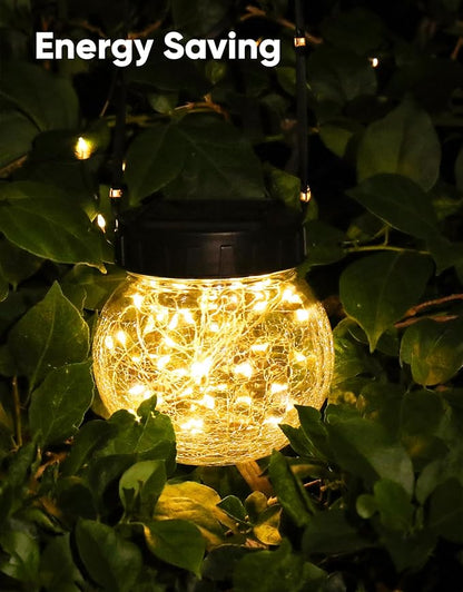 PARTPHONER Solar Lights Outdoor Waterproof 12-Pack, Solar Powered Hanging Lantern Cracked Glass Hanging Globes for Yard Decor Christmas Decoration, Shepherd Hook, Garden Tree Table Ornaments, Warm