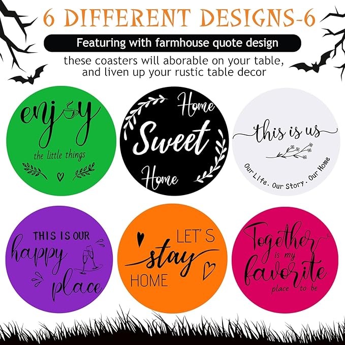 Queekay Coasters Set of 6 House Warming Gifts New Home Wooden Farmhouse Drink Coasters with Holder 4'' Funny Decoration for Kitchen Family Coffee Bar Tabletop Protection(Bright Color)