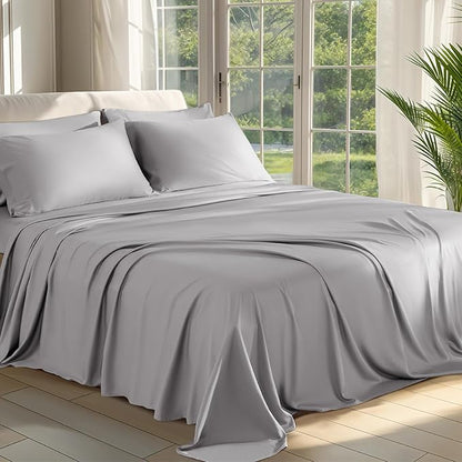 Shilucheng 100% Viscose Derived from Bamboo_ Sheets King Size 6pcs - Ultra Cooling & Silky Soft Bed Sheets, 16" Deep Pocket, Perfect for Hot Sleepers, Hotel Bedding Sheets (Grey)