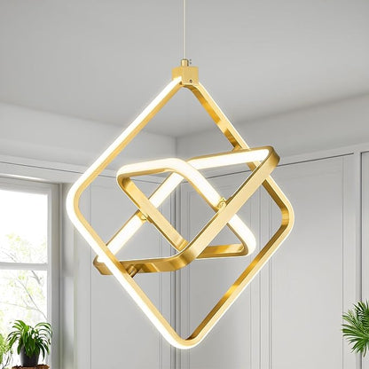 Modern LED Pendant Light Gold Pendant Lights 4000K 35W Dimmable Height Adjustable Pendant Lighting Rectangle Chandelier for Kitchen Island Dining Room Bedroom Living Room Foyer（3-Ring）