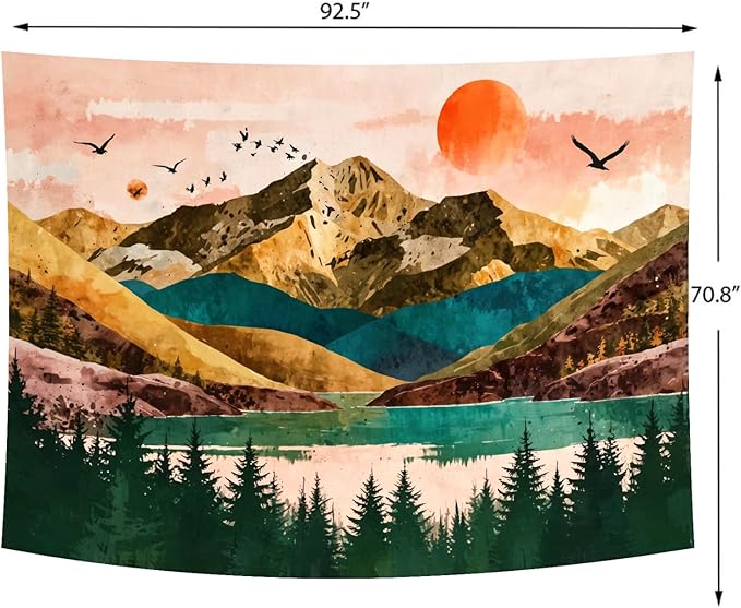 Delur Mountain Tapestry Boho Sunset Nature Forest Tree Tapestry Wall Hanging Sunrise River Lake Landscape Psychedelic Headboard for Bedroom Living Room Home Decor (70.8" x 92.5")