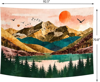 Delur Mountain Tapestry Boho Sunset Nature Forest Tree Tapestry Wall Hanging Sunrise River Lake Landscape Psychedelic Headboard for Bedroom Living Room Home Decor (70.8" x 92.5")
