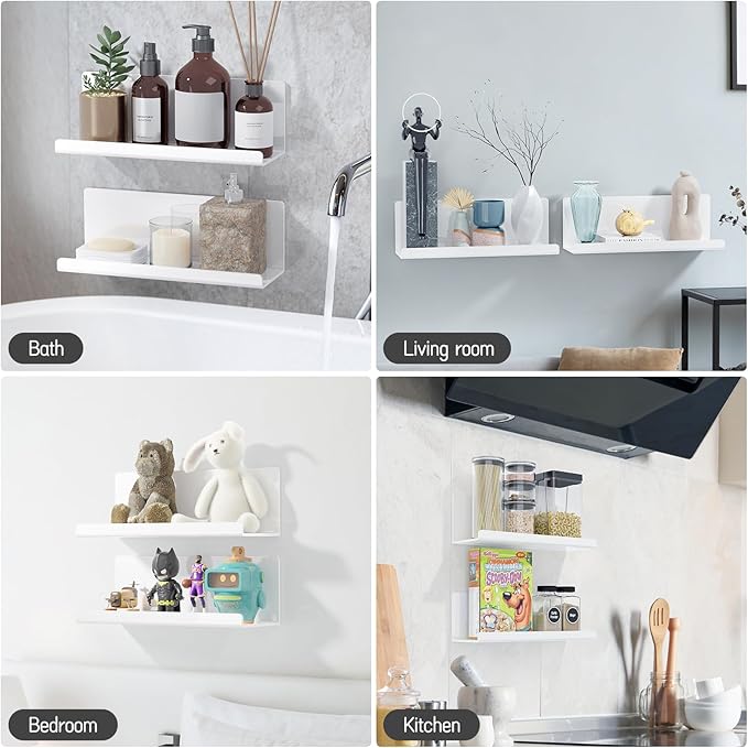 PAVSTINE Acrylic Wall Floating Shelves Set of 2, Wall Shelves White 12 Inch Adhesive Wall Organizer Adhesive Shelf for Bathroom, Kitchen, Bedroom, Office, Gaming Room, No Damage, No Drill