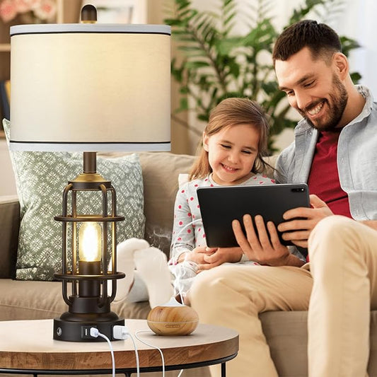 Modern Table Lamps, Industrial 3-Way Dimmable Bedside Lamp with USB A+C Ports & AC Outlet, Touch Control Rustic Nightstand Lamp LED Night Light for Living Room Bedroom Decor Home(4 Bulbs Included)