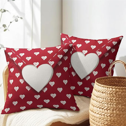Valentines Day Pillow Covers 18x18 Set of 2 White Red Heart Throw Pillow Covers Love Pillowcase Linen Decoration Farmhouse Holiday Cozy Soft Cushion Case Couch for Indoor Outdoor Home Decor