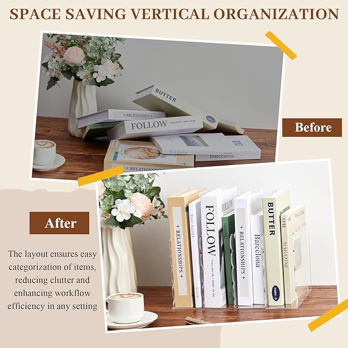 Scalloped Acrylic Magazine Holder with 4 Vertical Compartments 11.22 x 7.28 x 6.5 Inches Clear Acrylic Storage Mail Sorter with Wave Edge Design for Desktop Office Home
