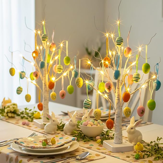 PEIDUO Easter Decorations, 24LT Easter Egg Tree for Home Decor, Lighted Tabletop Tree with 36 Multicolor Painted Eggs, Artificial Tree Decor for Spring Party Bedroom Classrooms (2PK)