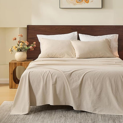 MEISHANG 100% French Pure Linen Sheets Queen Size - Bed Sheets 4 Piece Sets, Soft Durable Flax Linen, Anti-Tear Breathable Oeko-Tex Certified with 16" Deep Pocket (Linen)
