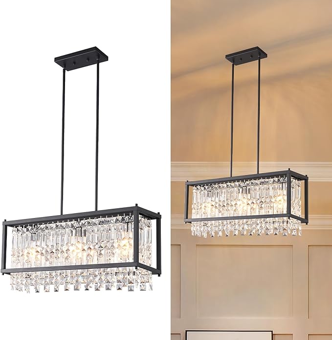 LMQNINE Modern Rectangle Chandelier for Dining Room, Black Crystal Chandelier Linear Light Fixture, Farmhouse Chandeliers for Kitchen Island, Bar Table, L25.98'' x W9.84'' x H8.66''