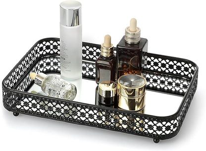 ELLDOO Black Perfume & Makeup Vanity Tray - Hollow-Carved Jewelry Storage, Glass & Metal Trinket Organizer for Dresser & Bathroom Countertop, Medium Size