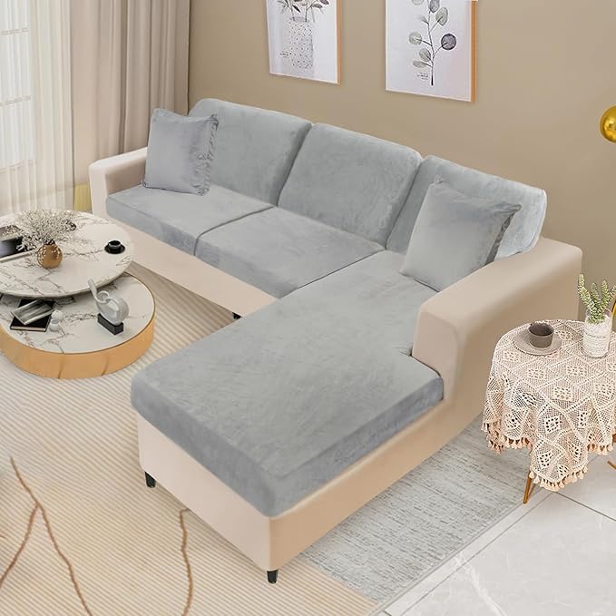 NAISI Sectional Couch Covers 6 Pieces Velvet Couch Cushion Covers L Shape Soft Stretch Sofa Slipcovers with 2pcs Pillowcases for Left/Right Chaise Sectional Couch(2 Seater+1 Chaise+3 Back,Light Grey)