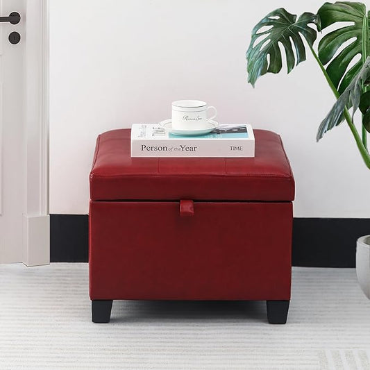 Adeco Faux Leather Storage Ottoman with Hinged Lid, 14 Inch High Red Square Cube Foot Stool with Storage, Upholstered Vanity Stool with Solid Wood Legs for Living Room, Bedroom, Dorm
