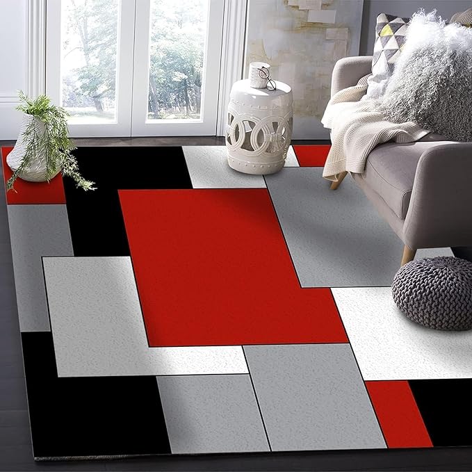 Red Black Geometric Graffiti Area Rugs, Abstract Color Red Black Gray Splicing Art Home Decor Rug, Machine Washable Breathable Durable Carpet for Living Room Bedroom Room Farmhouse,3 x 5ft