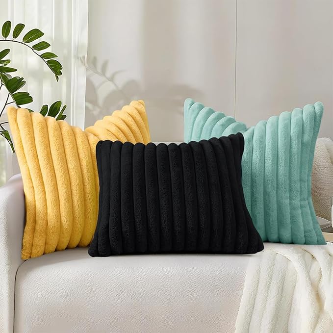 decorUhome Faux Fur Spring Throw Pillow Covers 12x20 Set of 2, Decorative Soft Plush Striped Lumbar Neutral Couch Pillow Covers with Velvet Back for Sofa, Bed, Living Room Home, Mustard Yellow