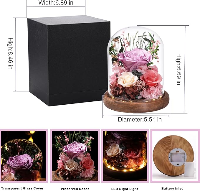LOVENFOLD Flowers for Delivery Preserved Flowers lilac Roses with LED Light in a Glass Dome,Long Lasting Forever Flowers Birthday Gifts for Women Daughter Mom Wife Friend（lilac Rose）