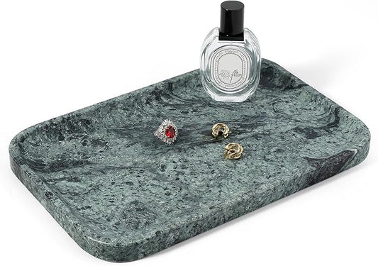 Koville Marble Tray, 12"x8" Natural Marble Vanity Tray for Countertop Bathroom Kitchen Dresser, Decorative Marble Catchall Trays for Perfume Jewelry, Rectangular Stone Serving Tray(Green)