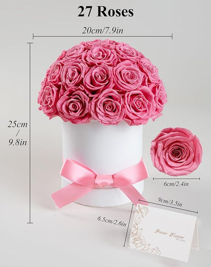 27 Forever Roses Dome in Luxury White Box, Eternal Real Roses Birthday Gifts for Women, Preserved Flowers for Delivery Prime, Anniversary, Valentine's Day, Mothers Day for Mom (Pink)