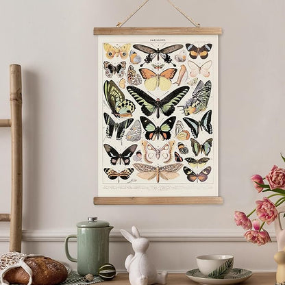 XIAOAIKA Vintage Butterfly Poster Hanger Frame, Cottagecore Room Decor Aesthetic, Retro Style Wall Decor Art Painting, Patterns are Printed on Linen Without Fading (16 x 23 inches)