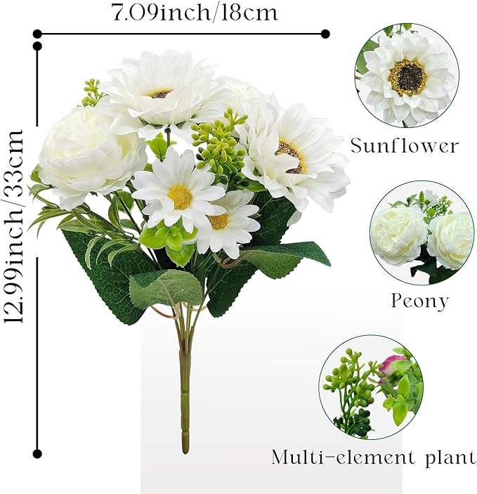 3 Pcs Fall Flowers Artificial Mums Silk Fake Mums Bouquet Faux Floral Arrangements Home Indoor Outdoor Planter Decor Party Wedding Table Autumn Decoration (White-A)