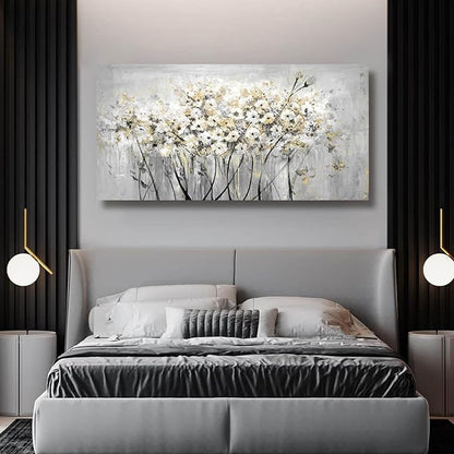 VAYIMDH Gold Pictures Wall Decor Living Room Wall Hanging White and Grey Vintage Posters Floral Photo Prints for Bedroom Dining Room 24x48 Inch