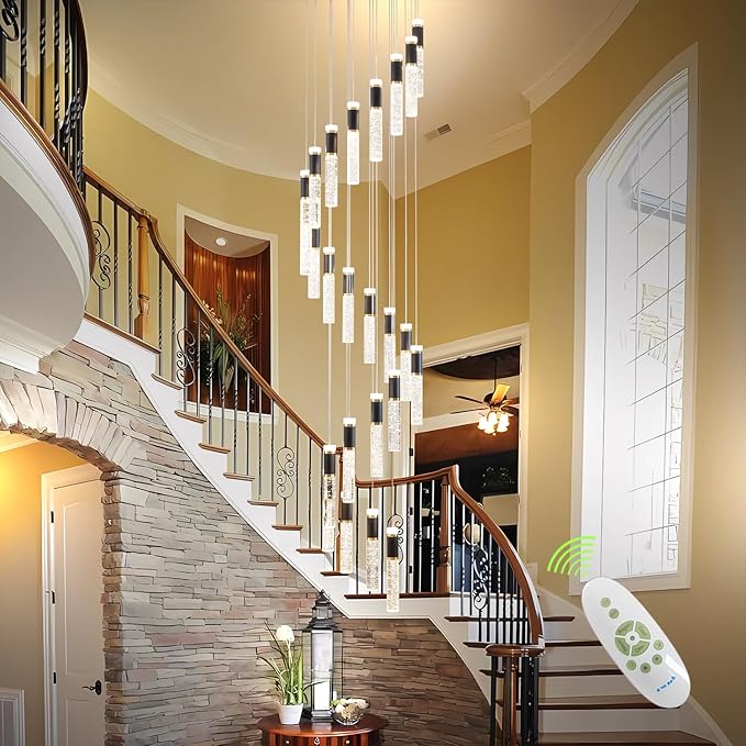 High Ceiling Chandelier Modern Crystal Chandelier for Entryway Long Spiral Dimmable Long Staircase High Foyer with Remote Controller