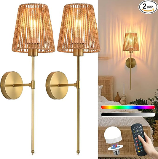 Battery Operated Wall sconces Set of Two,Rattan Shade Gold with Remote Rechargeable Light Bulbs,dimmable RGB,Living Room,Bedroom,Hallway,Bathroom can be Used