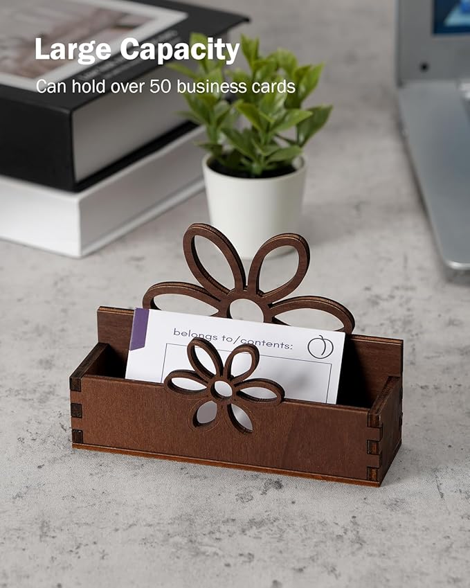eZAKKA 2 Pack Business Card Holder, Wooden Business Card Stand for Office Home Desktop Tabletop Organizer(Flower)