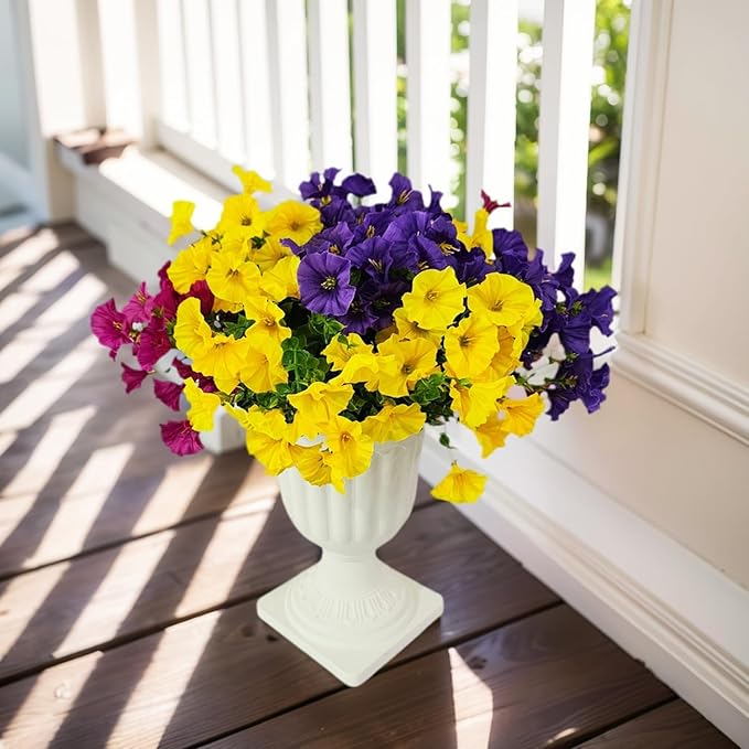Artificial Silk Flowers for Outdoor Decoration,12 Bundles Faux Flowers Colorful Morning Glory with Eucalyptus Fake Plants Greenery UV Resistant for Outside Front Door Planter Porch Patio Yard