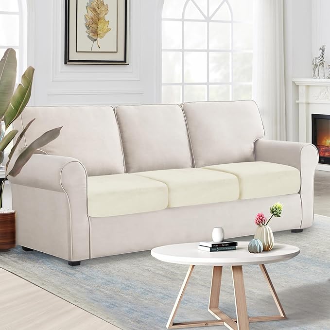 NAISI Couch Cushion Covers 3 Pieces Velvet Stretch Sofa Seat Covers or Backrest Covers Soft Individual Couch Covers for Sectional Sofa(3 Pcs for 3-Seat Cushion,Cream)