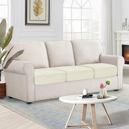 NAISI Couch Cushion Covers 3 Pieces Velvet Stretch Sofa Seat Covers or Backrest Covers Soft Individual Couch Covers for Sectional Sofa(3 Pcs for 3-Seat Cushion,Cream)