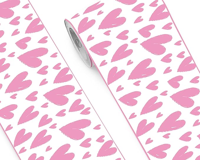 FLFK Pink Heart Wallpaper Border - Peel and Stick Wall Paper, Self Adhesive Removable PVC Borders Sticker, Modern Waterproof Trim for Home Decor, 10" x 240"