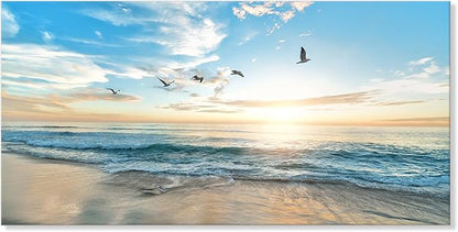Goldfoilart Ocean Beach Sunset Canvas Wall Art for Bedroom Seagull Seascape Paintings Coastal Picture Framed Artwork for Bathroom Living Room Office Decor 20" x 40"