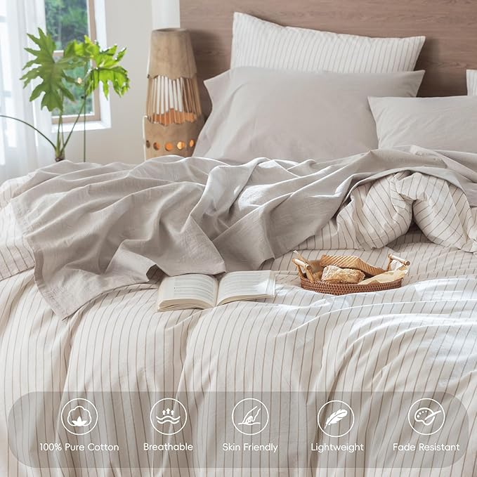 MooMee Bedding Sheet Set 100% Washed Cotton Linen Like Textured Breathable Durable Soft Comfy (Solid Light Tan, King)