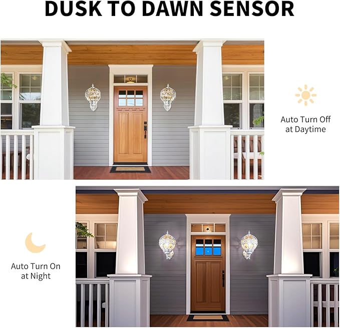 Dusk to Dawn Globe Outdoor Wall Lights, White Porch Light, Aluminum Waterproof Exterior Lighting Fixtures Wall Mount, Sphere Outside House Sconces Lantern with Amber Glass for Patio Garage, 2 Pack