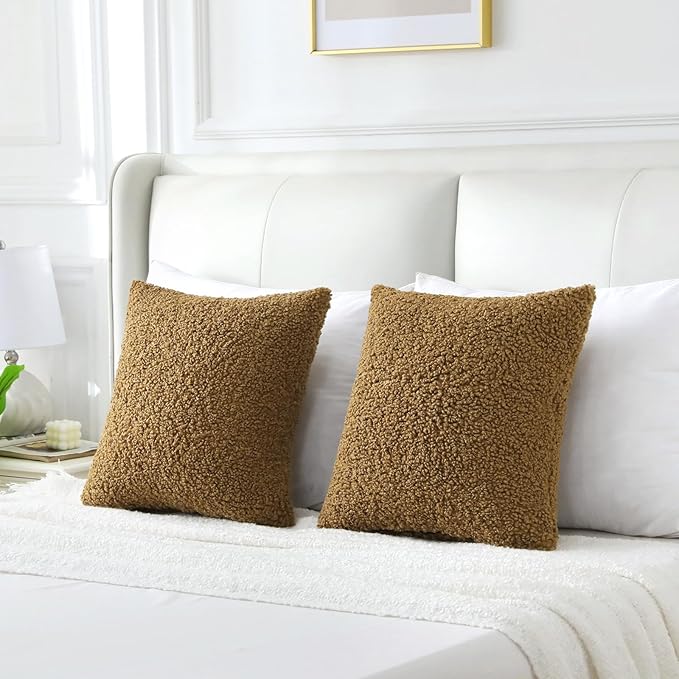 FUTEI Khaki Throw Pillow Covers 16x16 Inch Set of 2,Furry Faux Fur Teddy Boucle Textured Cushion Covers,Soft Fluffy Decorative Pillow Case,Home Decor for Couch Bed Living Room Office Car