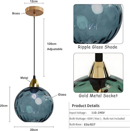 20cm/7.9’’ Industrial Vintage Spherical Glass Pendant Light, E26 Ceiling Hanging Lamp, Gold Finish & Ripple Glass Globe Shade, Dining Room Bedroom Chandelier (Dark Blue)