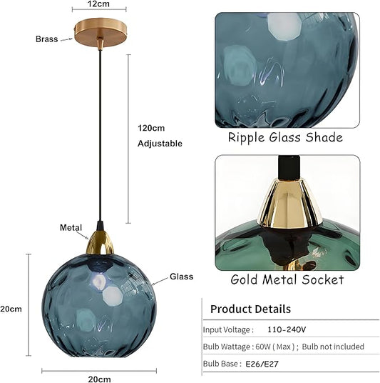 20cm/7.9’’ Industrial Vintage Spherical Glass Pendant Light, E26 Ceiling Hanging Lamp, Gold Finish & Ripple Glass Globe Shade, Dining Room Bedroom Chandelier (Dark Blue)