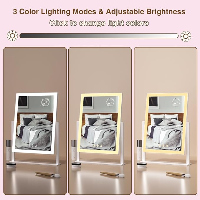 Light up Makeup Mirror for Vanity, Desk Mirror with Light with 5X Magnification Mirror, Light up Vanity Mirror, Led Mirror for Desks, Makeup Vanity Mirror, 3 Color, Touch Control