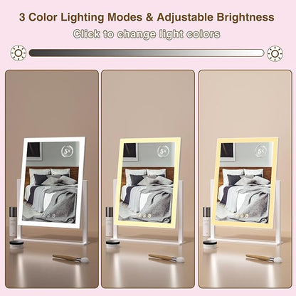 Light up Makeup Mirror for Vanity, Desk Mirror with Light with 5X Magnification Mirror, Light up Vanity Mirror, Led Mirror for Desks, Makeup Vanity Mirror, 3 Color, Touch Control