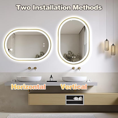 Niccy Oval LED Mirror for Bathroom, 40x24 Front Lit + Backlit Vanity Mirrors with Light Anti-Fog, Shatter-Proof, 3 Colors, Makeup Mirror with Old Gold Frame (Horizontal/Vertical)